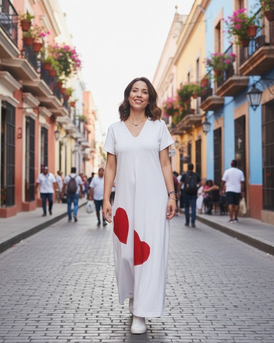 Φόρεμα μακρύ ,V λαιμόκοψη , μήκος από τον ώμο 135εκ., άνετο και δροσερό βαμβάκι 100%, Κοντό μανίκι με σχέδιο Καρδιές Κόκκινες 