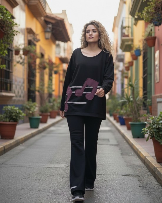 Μπλούζα Μαύρη με μακρύ μανίκι, με λαιμόκοψη χαμόγελο, ύφασμα μπλούζας βαμβάκι 95% ελαστάν 5%,  με σχέδιο νότες 