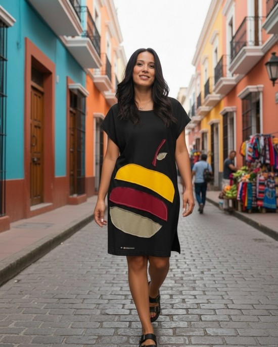 Φόρεμα Mini καλοκαιρινό, σε ίσια γραμμή,  με σκισίματα στο πλάι, 88εκ. από τον ώμο, λευκό ή μαύρο, με σχέδιο πολύχρωμο μήλο