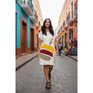 Φόρεμα Mini καλοκαιρινό, σε ίσια γραμμή,  με σκισίματα στο πλάι, 88εκ. από τον ώμο, λευκό ή μαύρο, με σχέδιο πολύχρωμο μήλο