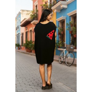 Φόρεμα Mini καλοκαιρινό, σε ίσια γραμμή, με σκισίματα στο πλάι, 88εκ. από τον ώμο, λευκό ή μαύρο, με σχέδιο το καρπουζάκι