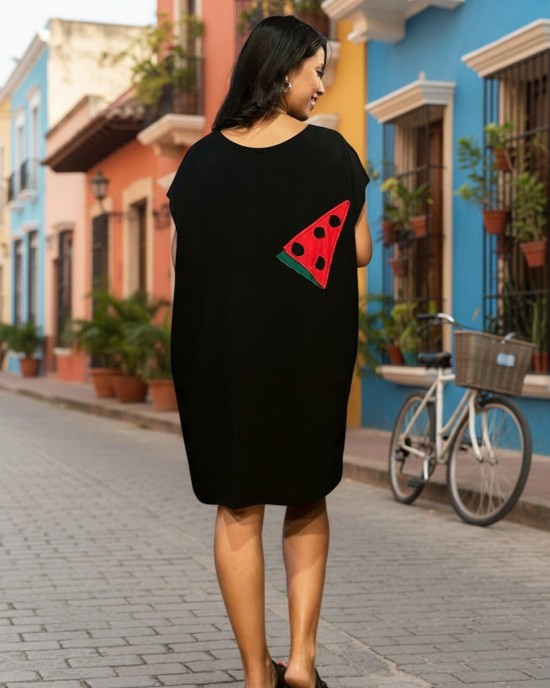 Φόρεμα Mini καλοκαιρινό, σε ίσια γραμμή, με σκισίματα στο πλάι, 88εκ. από τον ώμο, λευκό ή μαύρο, με σχέδιο το καρπουζάκι