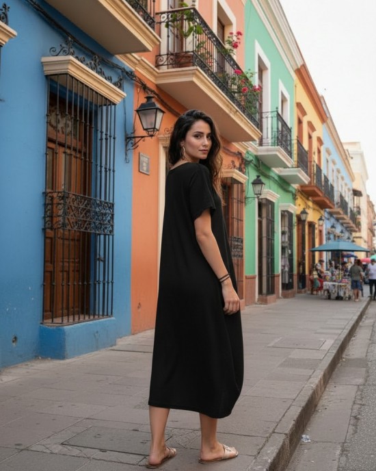 Φόρεμα midi balloon, χρώμα λευκό ή μαύρο, στρόγγυλη λαιμόκοψη, με κοντό μανίκι, μήκος 115εκ από ώμο, Βαμβάκι 100%, Σχέδιο Μαργαρίτα Μωβ