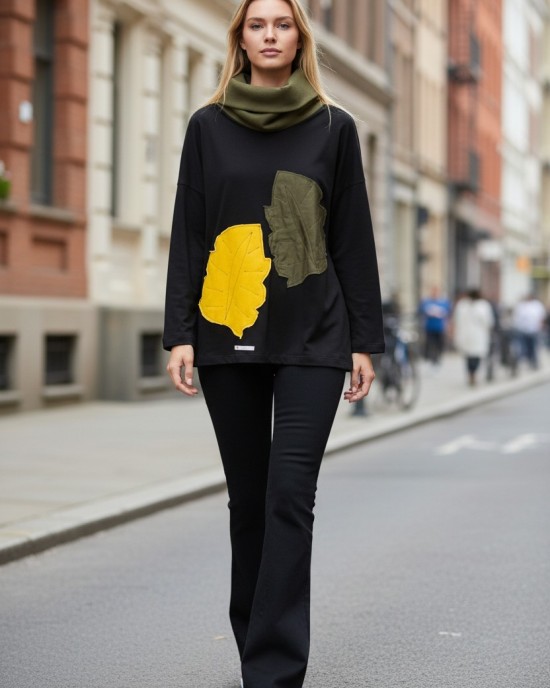 Μπλούζα , Βαμβάκι 95% ελαστάν 5%, μακρύ μανίκι, , μήκος από ώμο 65εκ., με λαιμό σε χρώμα κυπαρισσί, χειροποίητη δημιουργία με αγάπη, Σχέδιο Φθινόπωρο 