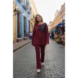 Μπλούζα μπορντό, με μακρύ μανίκι, με χαμόγελο λαιμόκοψη, ύφασμα μπλούζας βαμβάκι 95%ελαστάν 5%, μήκος 65εκ., με σχέδιο Μαργαρίτα τζην