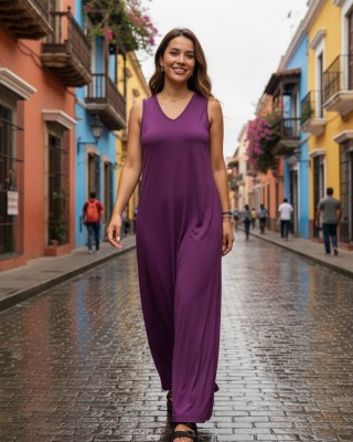 Φόρεμα Mακρύ Αμάνικο Mωβ  με V λαιμόκοψη μπροστά και πίσω, 135εκ. μήκος από τον ώμο