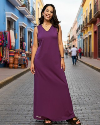 Φόρεμα Mακρύ Αμάνικο Mωβ  με V λαιμόκοψη μπροστά και πίσω, 135εκ. μήκος από τον ώμο