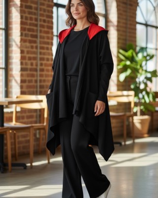 Ασύμμετρο Πανωφόρι Midi, μαύρο, σε στυλ κάπας με μανίκι. Άνετο ζεστό, Φούτερ με χνούδι, Βαμβάκι95% ελαστάν 5%, πλαϊνές τσέπες, ΧΩΡΙΣ φερμουάρ, σχέδιο Μελωδία