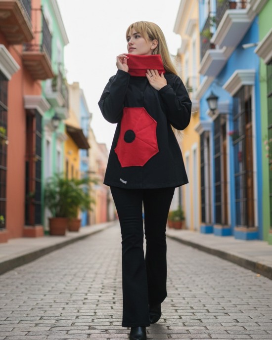 Mπλούζα Μαύρη, με μπορντό λαιμό  με μακρύ μανίκι,  ύφασμα μπλούζας βαμβάκι 95% ελαστάν 5%, μήκος 65εκ., με σχέδιο μπορντό 