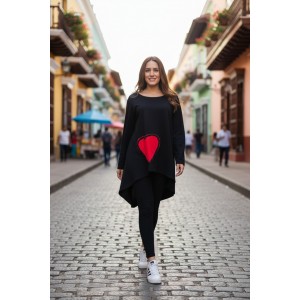 Μπλουζοφόρεμα ασύμμετρο, χρώμα μαύρο, με στρόγγυλη λαιμόκοψη, με ουρά, μακρύ μανίκι, μήκος 70εκ μπροστινό μέρος και πίσω μέρος 80εκ.,ύφασμα Βαμβάκι95% ελαστάν 5% , σχέδιο   Red Ηeart