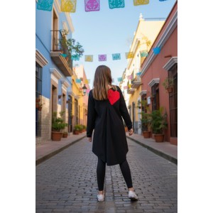 Μπλουζοφόρεμα ασύμμετρο, χρώμα μαύρο, με στρόγγυλη λαιμόκοψη, με ουρά, μακρύ μανίκι, μήκος 70εκ μπροστινό μέρος και πίσω μέρος 80εκ.,ύφασμα Βαμβάκι95% ελαστάν 5% , σχέδιο   Red Ηeart