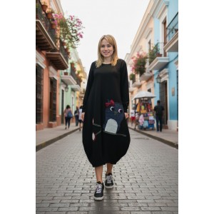 Φόρεμα midi balloon στρόγγυλη λαιμόκοψη με μακρύ μανίκι  μήκος 115εκ Βαμβάκι 95% με ελασταν 5% , με σχέδιο την τζιν κουκουβάγια 