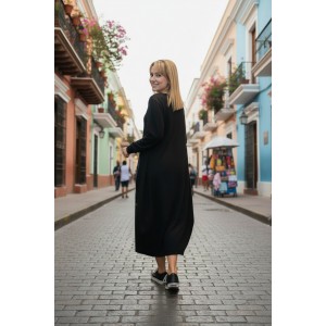 Φόρεμα midi balloon στρόγγυλη λαιμόκοψη με μακρύ μανίκι  μήκος 115εκ Βαμβάκι 95% με ελασταν 5% , με σχέδιο την τζιν κουκουβάγια 