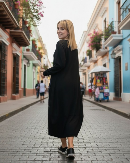 Φόρεμα midi balloon στρόγγυλη λαιμόκοψη με μακρύ μανίκι  μήκος 115εκ Βαμβάκι 95% με ελασταν 5% , με σχέδιο την τζιν κουκουβάγια 