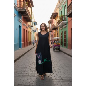 Φόρεμα μακρύ, σε χρώμα μαύρο, σε άλφα γραμμή, , μήκος από τον ώμο 135εκ., άνετο και δροσερό βαμβάκι 100%, αμάνικο, με σχέδιο Denim design