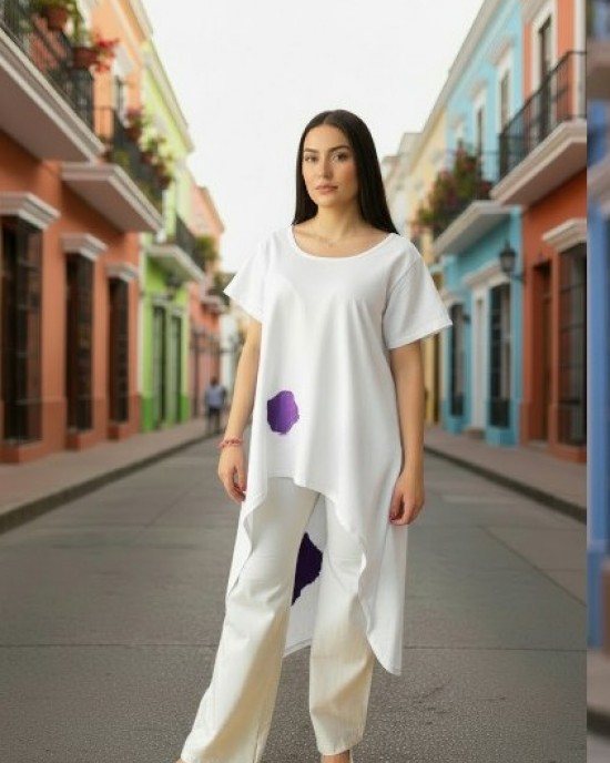 Mπλουζοφόρεμα ασύμμετρο, Μήκος μπλούζας από τον ώμο το μπροστινό μέρος 70 εκ. και το πίσω μέρος 100εκ., με κοντό μανίκι βαμβάκι 100% με σχέδιο την κουκουβάγια 