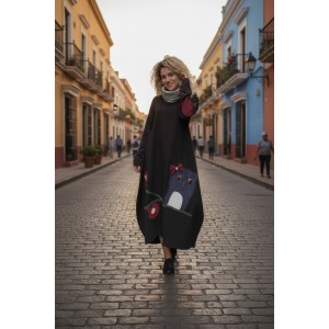 Φόρεμα midi balloon, με λαιμό σε γκρι ανοιχτό, με μακρύ μανίκι, μήκος 115εκ Βαμβάκι 95% με ελασταν 5% , με σχέδιο την τζιν κουκουβάγια