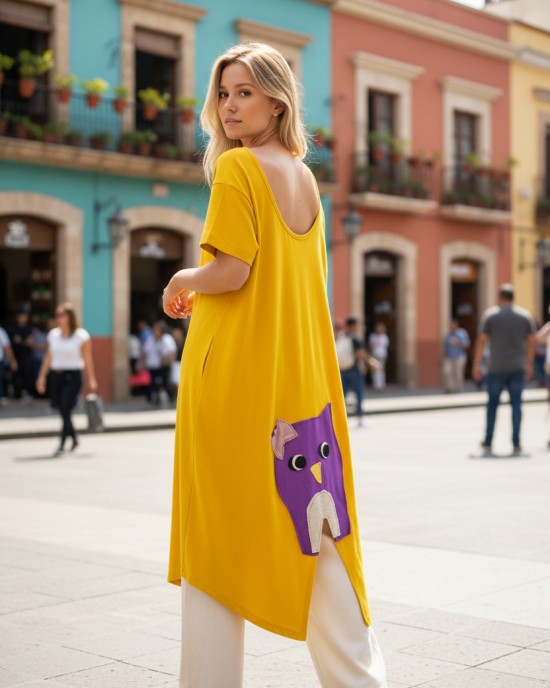 Mπλουζοφόρεμα ασύμμετρο, Μήκος μπλούζας από τον ώμο το μπροστινό μέρος 70 εκ. και το πίσω μέρος 100εκ., με κοντό μανίκι βαμβάκι 100% με σχέδιο την κουκουβάγια 