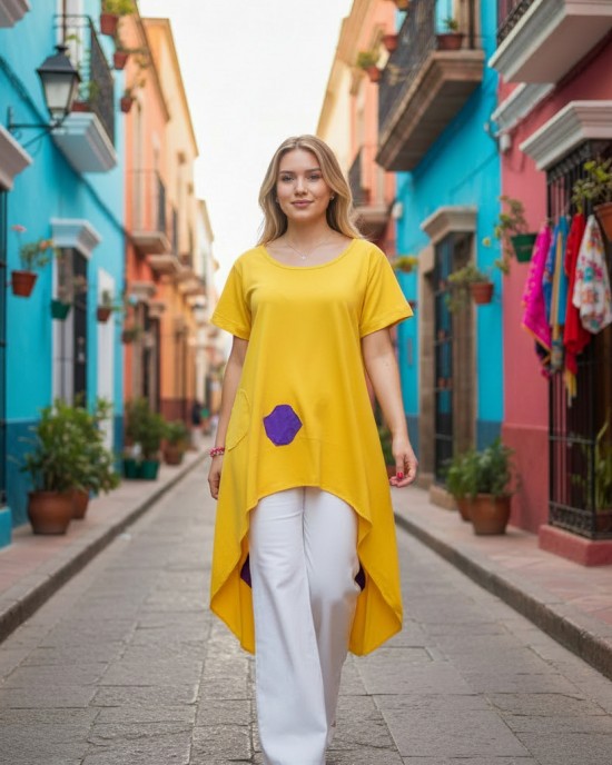 Mπλουζοφόρεμα ασύμμετρο, Μήκος μπλούζας από τον ώμο το μπροστινό μέρος 70 εκ. και το πίσω μέρος 100εκ., με κοντό μανίκι βαμβάκι 100% με σχέδιο την κουκουβάγια 