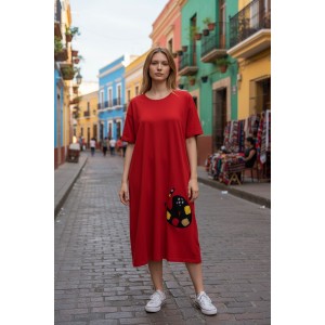 Φόρεμα midi alpha line, χρώμα μαύρο ή κόκκινο, στρόγγυλη λαιμόκοψη, μήκος 115εκ από ώμο, Βαμβάκι 100%, Σχέδιο Παλέτα