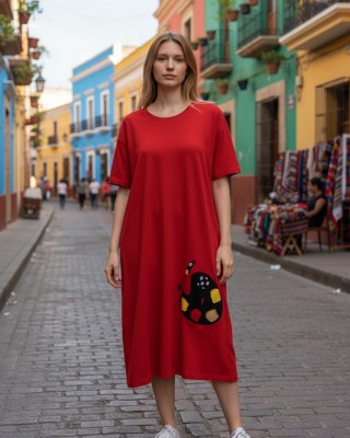 Φόρεμα midi alpha line, χρώμα μαύρο ή κόκκινο, στρόγγυλη λαιμόκοψη, μήκος 115εκ από ώμο, Βαμβάκι 100%, Σχέδιο Παλέτα