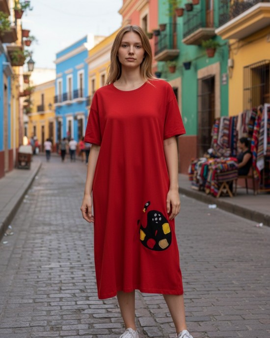 Φόρεμα midi alpha line, χρώμα μαύρο ή κόκκινο, στρόγγυλη λαιμόκοψη, μήκος 115εκ από ώμο, Βαμβάκι 100%, Σχέδιο Παλέτα