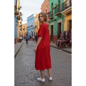 Φόρεμα midi alpha line, χρώμα μαύρο ή κόκκινο, στρόγγυλη λαιμόκοψη, μήκος 115εκ από ώμο, Βαμβάκι 100%, Σχέδιο Παλέτα