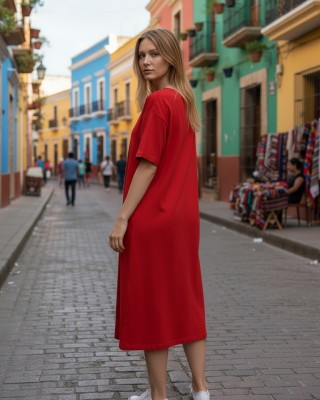 Φόρεμα midi alpha line, χρώμα μαύρο ή κόκκινο, στρόγγυλη λαιμόκοψη, μήκος 115εκ από ώμο, Βαμβάκι 100%, Σχέδιο Παλέτα