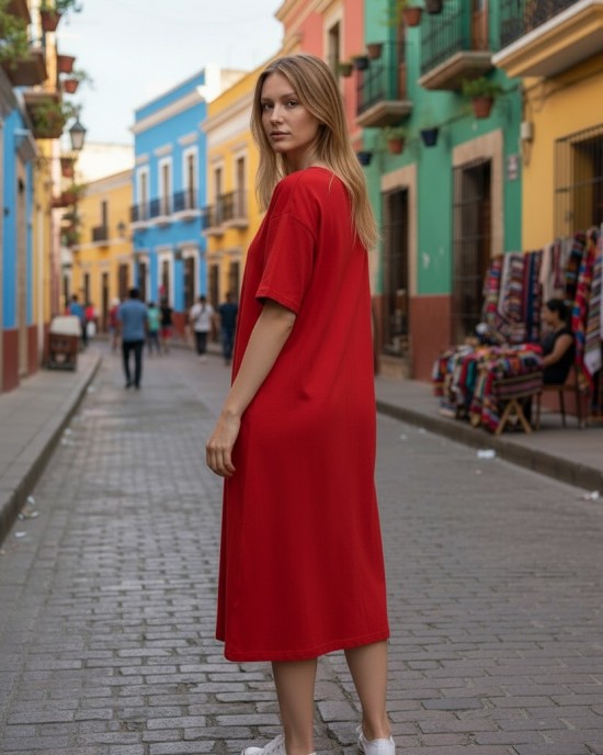 Φόρεμα midi alpha line, χρώμα μαύρο ή κόκκινο, στρόγγυλη λαιμόκοψη, μήκος 115εκ από ώμο, Βαμβάκι 100%, Σχέδιο Παλέτα