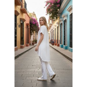 Μπλουζοφόρεμα ασύμμετρο, άσπρο, Μήκος από τον ώμο 80εκ μπροστινό μέρος και το πίσω μέρος 90εκ. με κοντό μανίκι βαμβάκι 100%, με σχέδιο  Παλέτα χρωμάτων