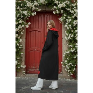 Μακρύ μαύρο Πανωφόρι, μήκος 120εκ. από ώμο, με Κουκούλα λευκή και κόκκινη, Άνετο ζεστό, Φούτερ με χνούδι, με φερμουάρ και τσέπες, με σχέδιο μικρή κόκκινη καρδιά