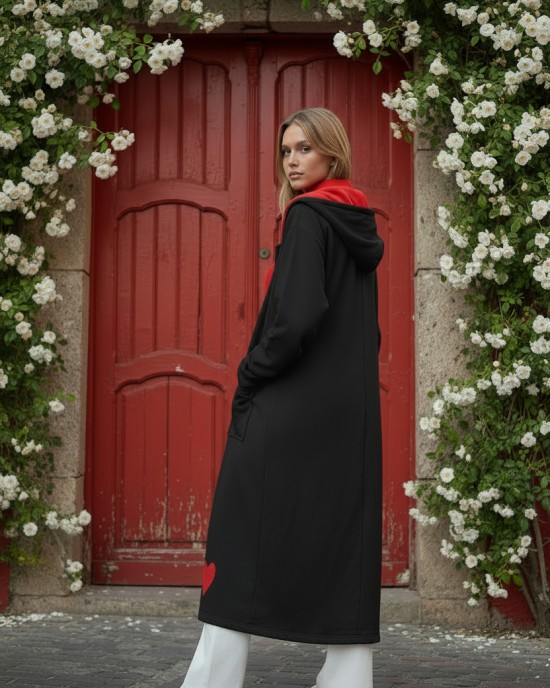 Μακρύ μαύρο Πανωφόρι, μήκος 120εκ. από ώμο, με Κουκούλα λευκή και κόκκινη, Άνετο ζεστό, Φούτερ με χνούδι, με φερμουάρ και τσέπες, με σχέδιο μικρή κόκκινη καρδιά