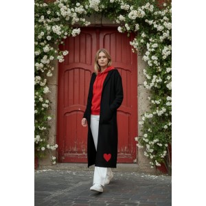 Μακρύ μαύρο Πανωφόρι, μήκος 120εκ. από ώμο, με Κουκούλα λευκή και κόκκινη, Άνετο ζεστό, Φούτερ με χνούδι, με φερμουάρ και τσέπες, με σχέδιο μικρή κόκκινη καρδιά