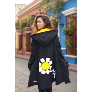 Ασύμμετρο Πανωφόρι Midi, μαύρο, σε στυλ κάπας με μανίκι, Χειροποίητο με αγάπη, Άνετο ζεστό, Φούτερ με χνούδι, με πλαϊνές τσέπες, ΧΩΡΙΣ φερμουάρ, σχέδιο  Υπέροχη Μαργαρίτα