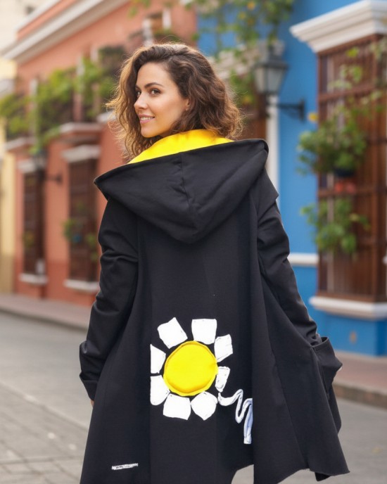 Ασύμμετρο Πανωφόρι Midi, μαύρο, σε στυλ κάπας με μανίκι, Χειροποίητο με αγάπη, Άνετο ζεστό, Φούτερ με χνούδι, με πλαϊνές τσέπες, ΧΩΡΙΣ φερμουάρ, σχέδιο  Υπέροχη Μαργαρίτα