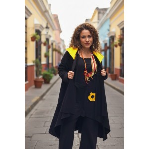 Ασύμμετρο Πανωφόρι Midi, μαύρο, σε στυλ κάπας με μανίκι, Χειροποίητο με αγάπη, Άνετο ζεστό, Φούτερ με χνούδι, με πλαϊνές τσέπες, ΧΩΡΙΣ φερμουάρ, σχέδιο  Υπέροχη Μαργαρίτα