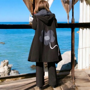 Ασύμμετρο Πανωφόρι Midi, μαύρο, σε στυλ κάπας με μανίκι, Χειροποίητο με αγάπη, Άνετο ζεστό, Φούτερ με χνούδι, με πλαϊνές τσέπες, ΧΩΡΙΣ φερμουάρ, τζιν Λουλούδι 