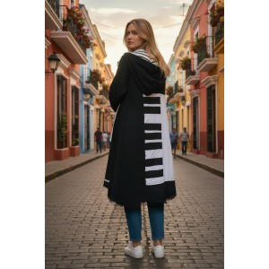 Πανωφόρι Midi, μαύρο ασύμμετρο, σε στυλ κάπας με μανίκι, με Κουκούλα με ριγέ στο εσωτερικό της, Άνετο ζεστό, Φούτερ με χνούδι, με πλαϊνές τσέπες, ΧΩΡΙΣ φερμουάρ, σχέδιο "Πιάνο Ασπρόμαυρο"