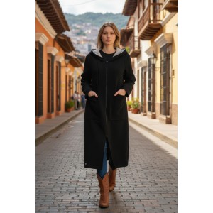 Πανωφόρι Φούτερ με χνούδι, μήκος 120εκ., Mαύρο Μακρύ με φερμουάρ, με κουκούλα το εσωτερικό της σε χρώμα γκρι ανοιχτό , με τσέπες, άνετη γραμμή, με σχέδιο το πιάνο