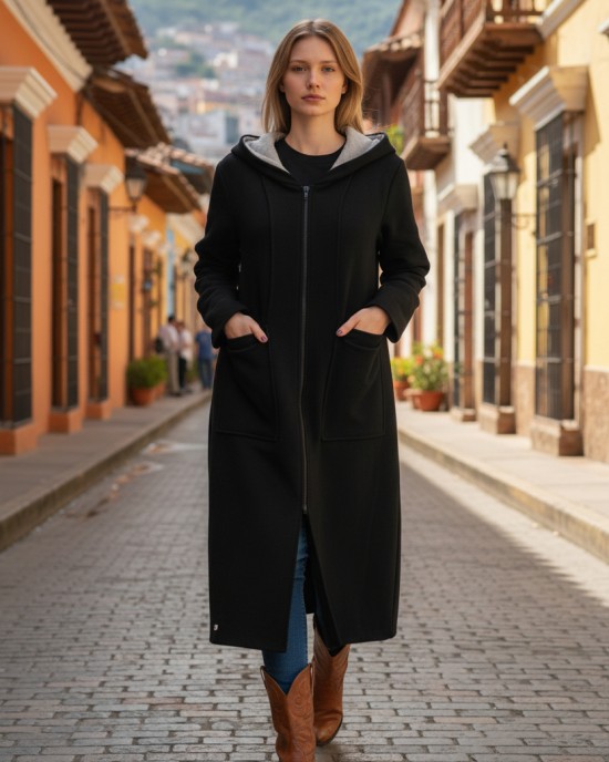 Πανωφόρι Φούτερ με χνούδι, μήκος 120εκ., Mαύρο Μακρύ με φερμουάρ, με κουκούλα το εσωτερικό της σε χρώμα γκρι ανοιχτό , με τσέπες, άνετη γραμμή, με σχέδιο το πιάνο