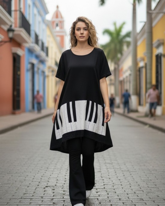 Mπλουζοφόρεμα ασύμμετρο, Μήκος από τον ώμο 80εκ μπροστινό μέρος και το πίσω μέρος 90εκ. με κοντό μανίκι βαμβάκι 100%, με σχέδιο το πιάνο 