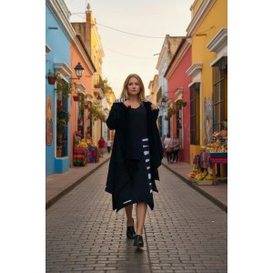 Πανωφόρι Midi, μαύρο ασύμμετρο, σε στυλ κάπας με μανίκι, με Κουκούλα με ριγέ στο εσωτερικό της, Άνετο ζεστό, Φούτερ με χνούδι, με πλαϊνές τσέπες, ΧΩΡΙΣ φερμουάρ, σχέδιο "Πιάνο Ασπρόμαυρο"