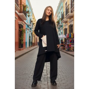 Μπλουζοφόρεμα ασύμμετρο,μαύρο, με στρόγγυλη λαιμόκοψη , μακρύ μανίκι, μήκος 80εκ μπροστινό μέρος και πίσω μέρος 90εκ.,ύφασμα Βαμβάκι95% ελαστάν 5%, σχέδιο    Ηarmonically
