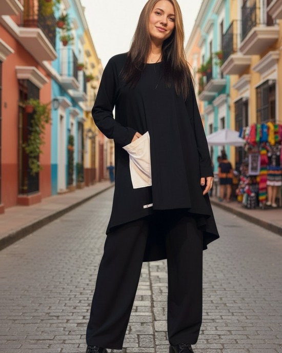 Μπλουζοφόρεμα ασύμμετρο,μαύρο, με στρόγγυλη λαιμόκοψη , μακρύ μανίκι, μήκος 80εκ μπροστινό μέρος και πίσω μέρος 90εκ.,ύφασμα Βαμβάκι95% ελαστάν 5%, σχέδιο    Ηarmonically