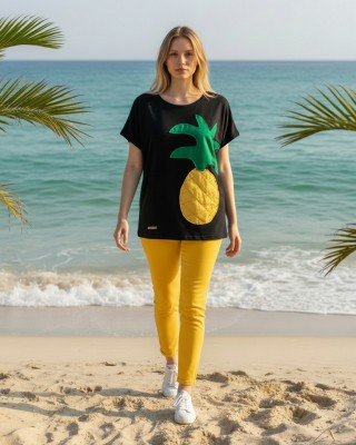 Καλοκαιρινή Μπλούζα με κοντό μανίκι, μήκος από ώμο 65εκ., με λαιμόκοψη χαμόγελο, υπέροχο άνετο βαμβάκι 100% στυλ με σχέδιο  Ανανάς 