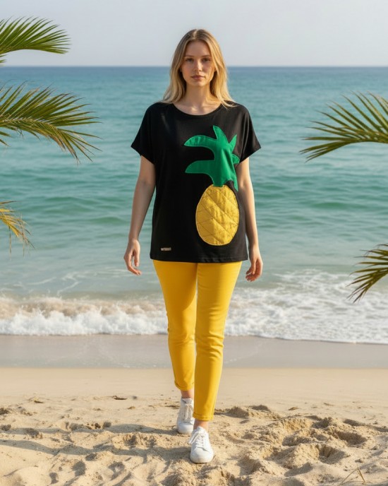 Καλοκαιρινή Μπλούζα με κοντό μανίκι, μήκος από ώμο 65εκ., με λαιμόκοψη χαμόγελο, υπέροχο άνετο βαμβάκι 100% στυλ με σχέδιο  Ανανάς 