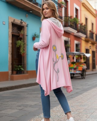 Ασύμμετρο Πανωφόρι Midi, σε ροζ χρώμα, σε στυλ κάπας με μανίκι, Άνετο δροσερό, Βαμβάκι 100% με πλαϊνές τσέπες, ΧΩΡΙΣ φερμουάρ, σχέδιο λουλουδάκια