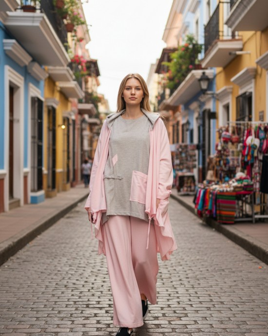 Ασύμμετρο Πανωφόρι Midi, σε ροζ χρώμα, σε στυλ κάπας με μανίκι, Άνετο δροσερό, Βαμβάκι 100% με πλαϊνές τσέπες, ΧΩΡΙΣ φερμουάρ, σχέδιο λουλουδάκια