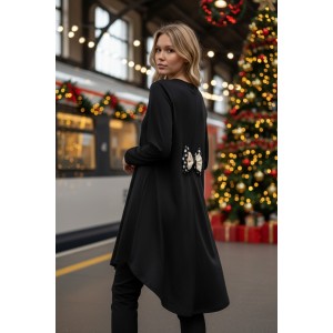 Μπλουζοφόρεμα ασύμμετρο, χρώμα μαύρο, μακρύ μανίκι,  V , με μαύρη ουρά, με πουα ροζ φιόγκο να διακοσμεί την μέση, μήκος 70εκ μπροστινό μέρος και πίσω μέρος 80εκ.,ύφασμα Βαμβάκι95% ελαστάν 5% , 