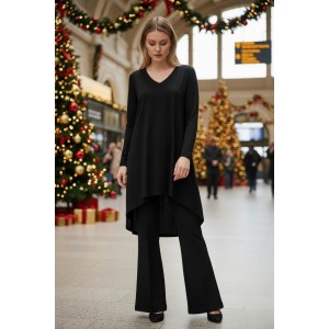 Μπλουζοφόρεμα ασύμμετρο, χρώμα μαύρο, μακρύ μανίκι,  V , με μαύρη ουρά, με πουα ροζ φιόγκο να διακοσμεί την μέση, μήκος 70εκ μπροστινό μέρος και πίσω μέρος 80εκ.,ύφασμα Βαμβάκι95% ελαστάν 5% , 